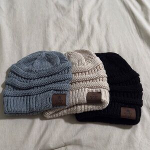 Kids Knit Beanie Set - Blue, Cream, and Black